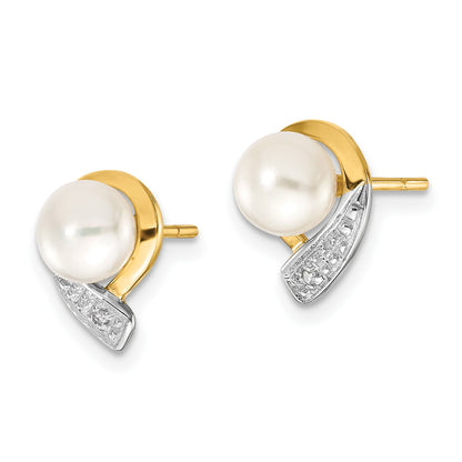 14k 5-6mm White Button Freshwater Cultured Pearl and .01 carat Diamond Post Earrings