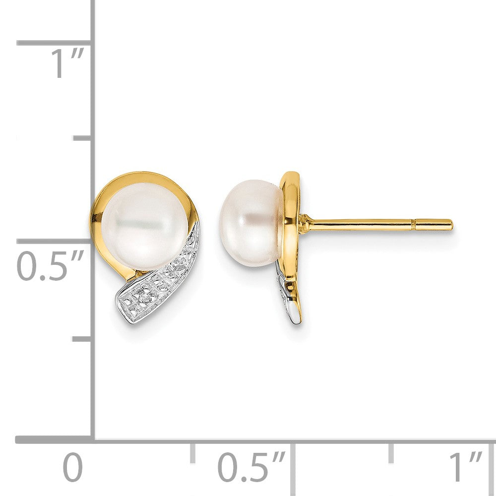 14k 5-6mm White Button Freshwater Cultured Pearl and .01 carat Diamond Post Earrings