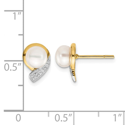 14k 5-6mm White Button Freshwater Cultured Pearl and .01 carat Diamond Post Earrings