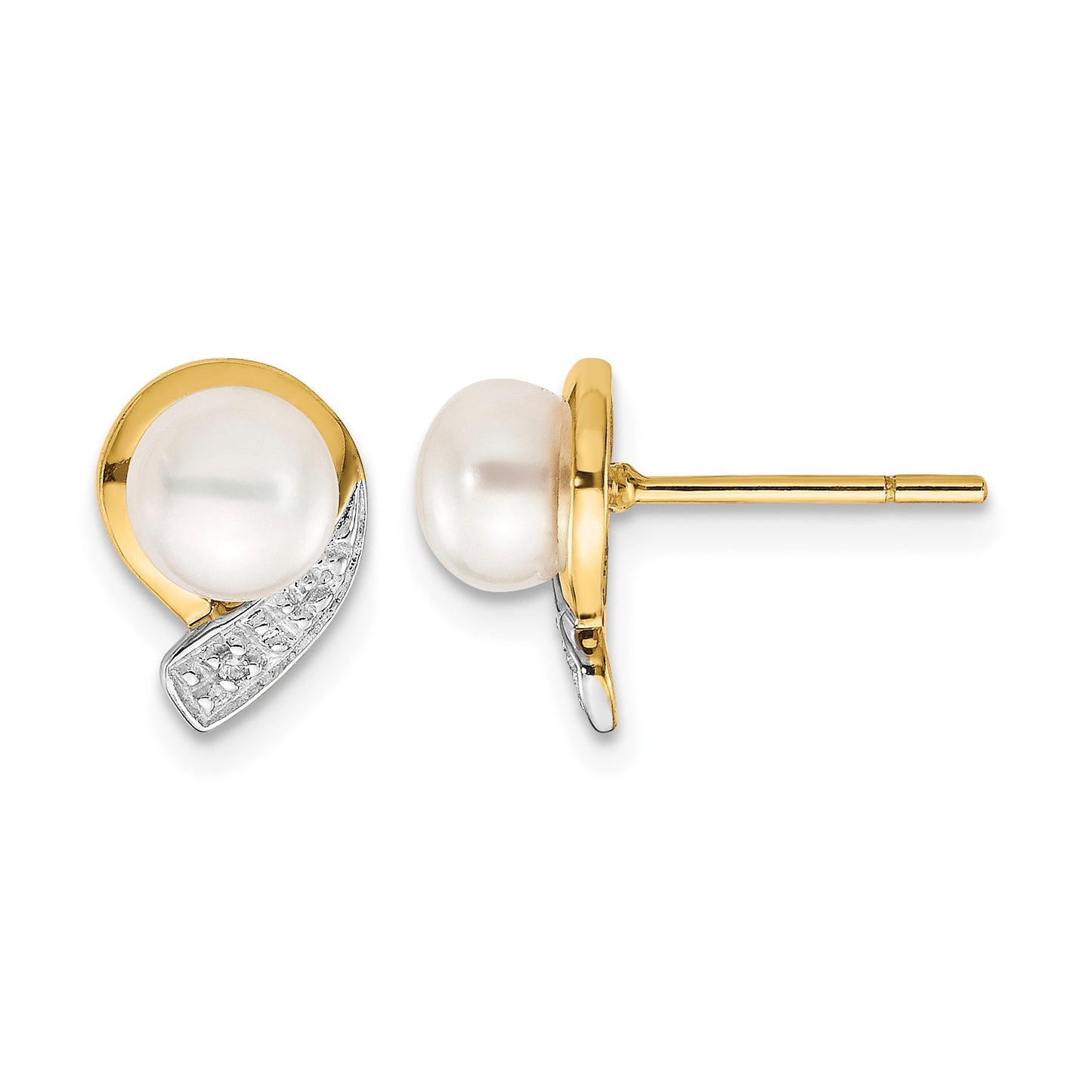 14k 5-6mm White Button Freshwater Cultured Pearl and .01 carat Diamond Post Earrings