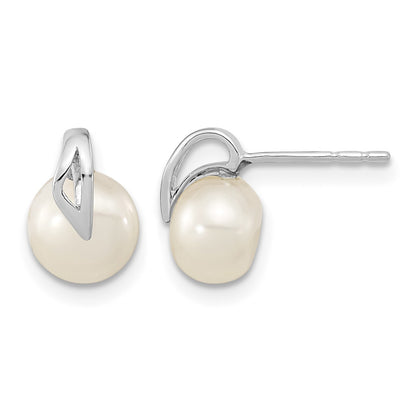 14k White Gold 7-8mm White Button Freshwater Cultured Pearl Post Earrings
