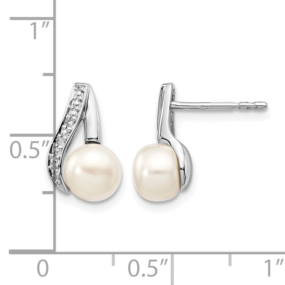 14k White Gold 6-7mm White Button Freshwater Cultured Pearl and .02 carat Diamond Post Earrings