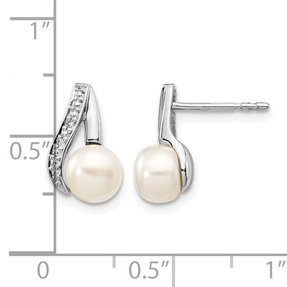 14k White Gold 6-7mm White Button Freshwater Cultured Pearl and .02 carat Diamond Post Earrings