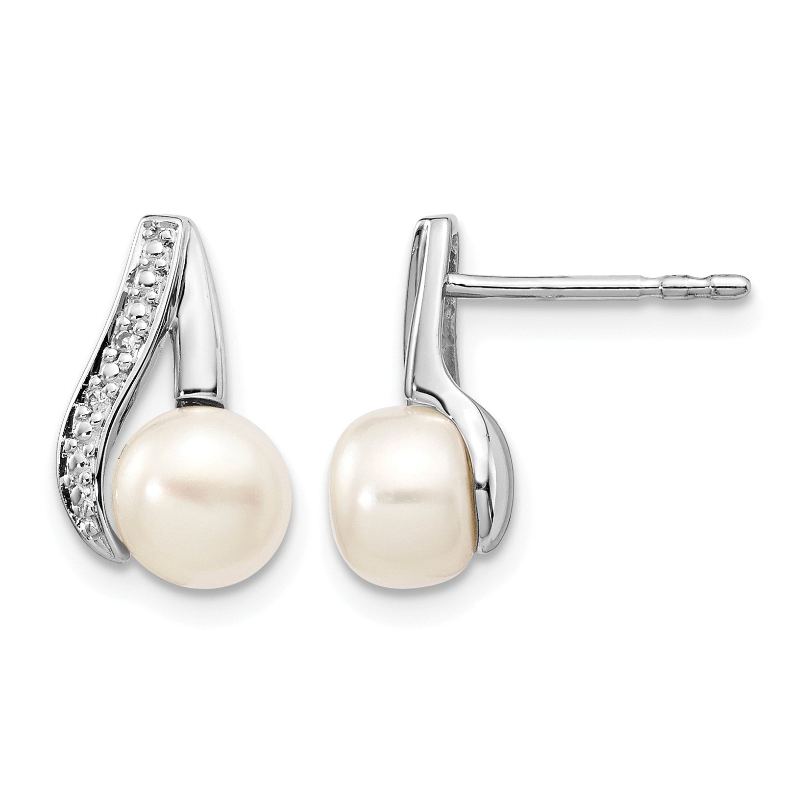 14k White Gold 6-7mm White Button Freshwater Cultured Pearl and .02 carat Diamond Post Earrings