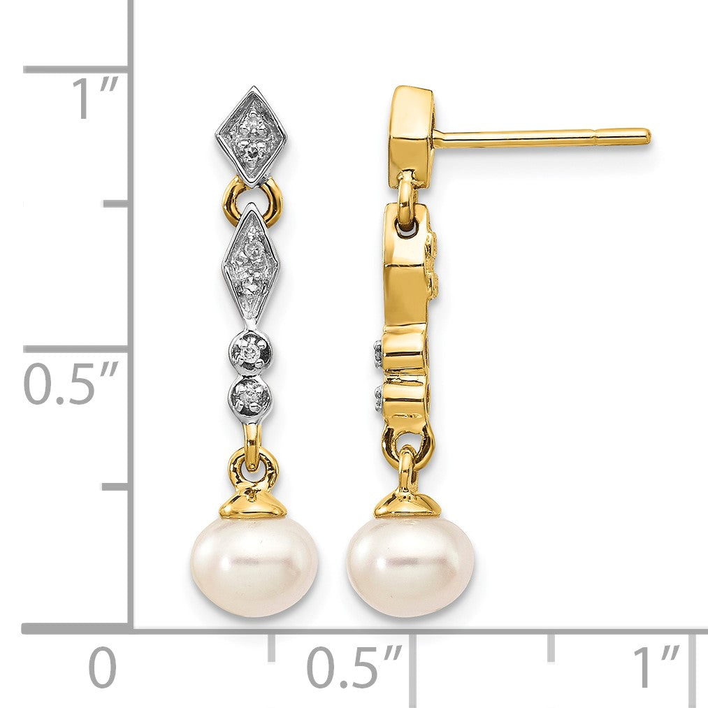 14k and White Rhodium 5-6mm Semi-round White Freshwater Cultured Pearl and .04 carat Diamond Dangle Post Earrings