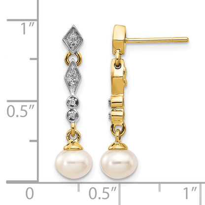 14k and White Rhodium 5-6mm Semi-round White Freshwater Cultured Pearl and .04 carat Diamond Dangle Post Earrings