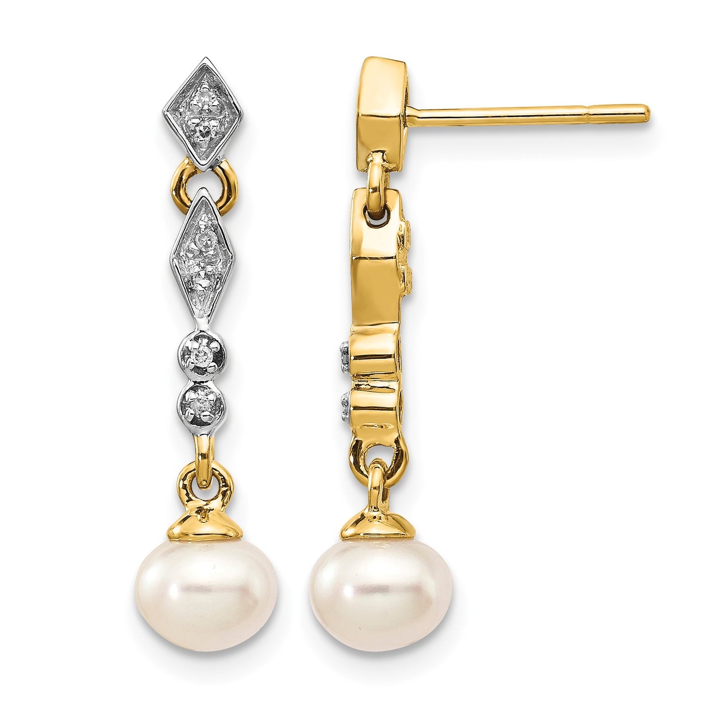 14k and White Rhodium 5-6mm Semi-round White Freshwater Cultured Pearl and .04 carat Diamond Dangle Post Earrings