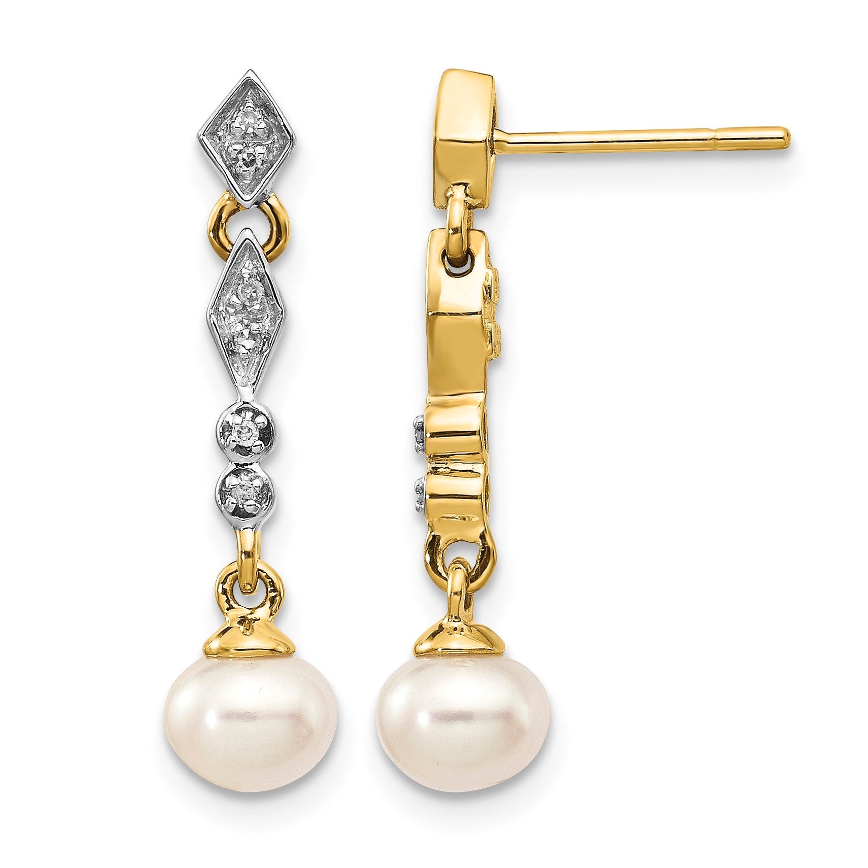 14k and White Rhodium 5-6mm Semi-round White Freshwater Cultured Pearl and .04 carat Diamond Dangle Post Earrings
