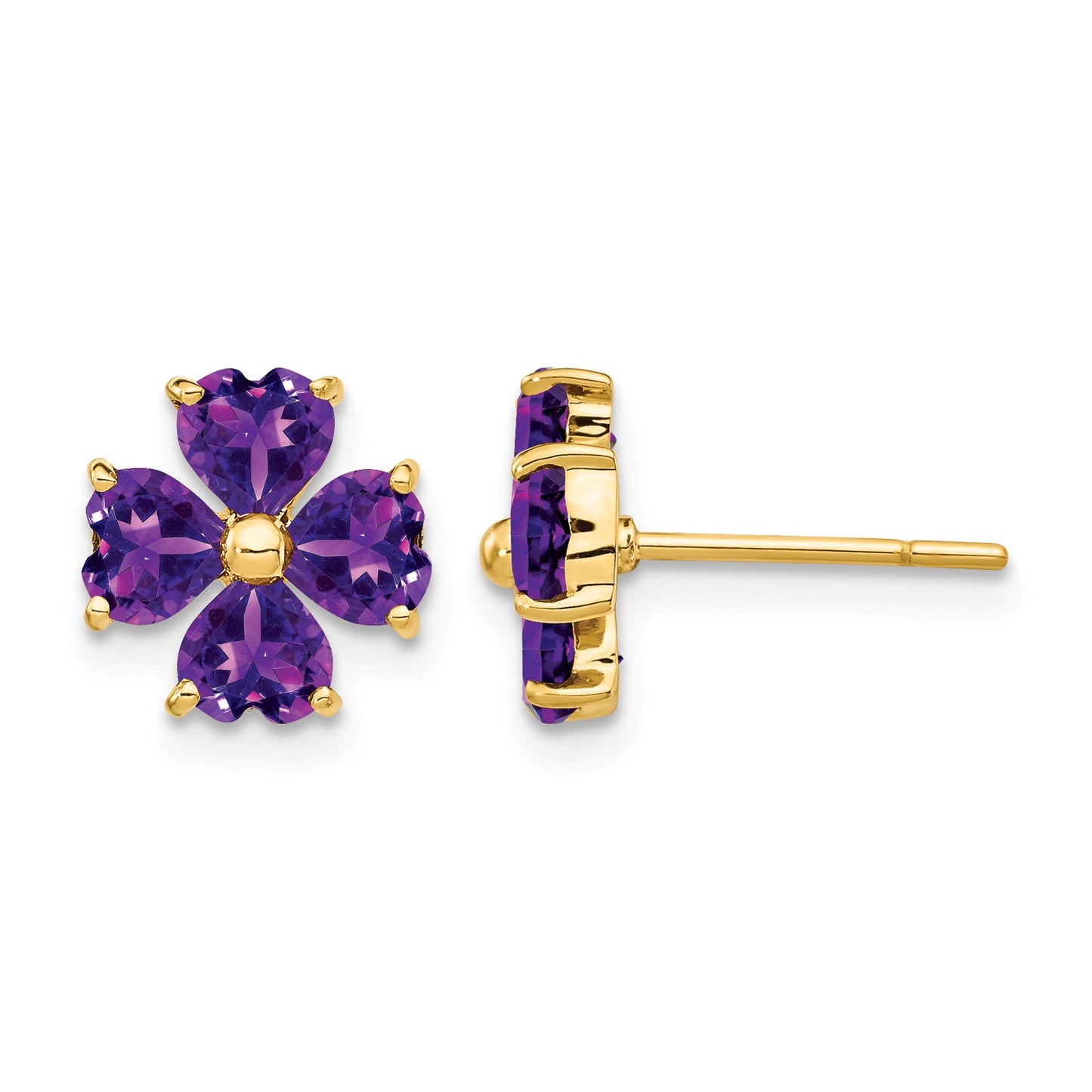 14k Heart-shaped Amethyst Flower Post Earrings