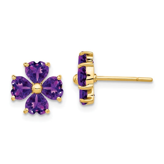 14k Heart-shaped Amethyst Flower Post Earrings