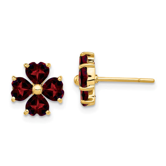 14k Heart-shaped Garnet Flower Post Earrings