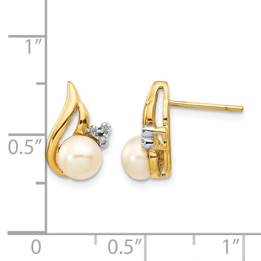 14k and White Rhodium 5-6mm White Button Freshwater Cultured Pearl and .02 carat Diamond Post Earrings