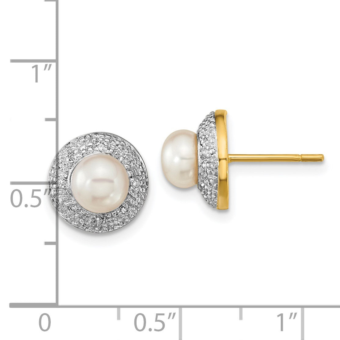 14k and White Rhodium 5-6mm White Button Freshwater Cultured Pearl and .05 carat Diamond Post Earrings