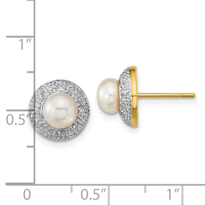 14k and White Rhodium 5-6mm White Button Freshwater Cultured Pearl and .05 carat Diamond Post Earrings