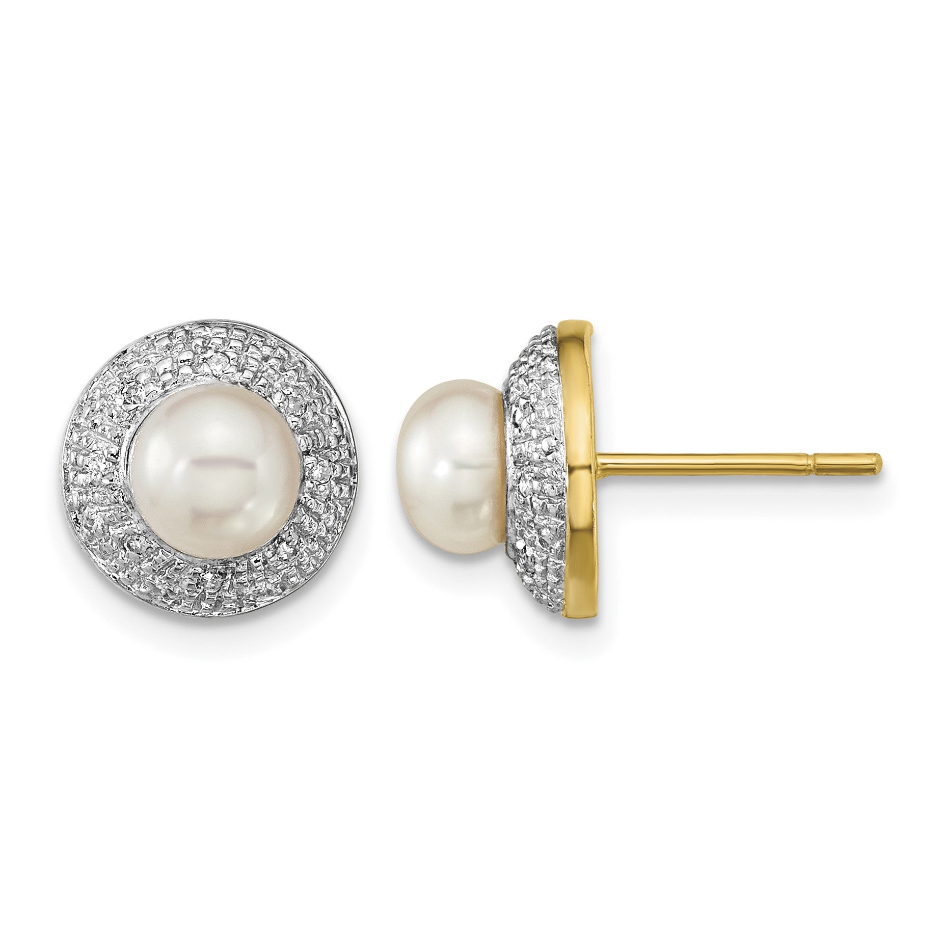 14k and White Rhodium 5-6mm White Button Freshwater Cultured Pearl and .05 carat Diamond Post Earrings