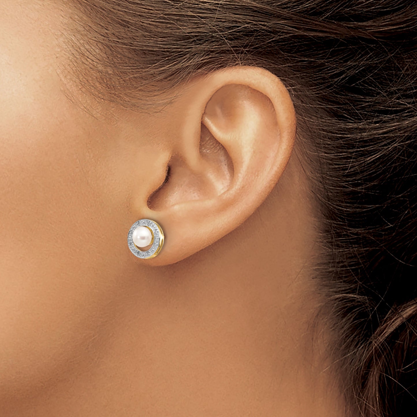 14k and White Rhodium 5-6mm White Button Freshwater Cultured Pearl and .05 carat Diamond Post Earrings