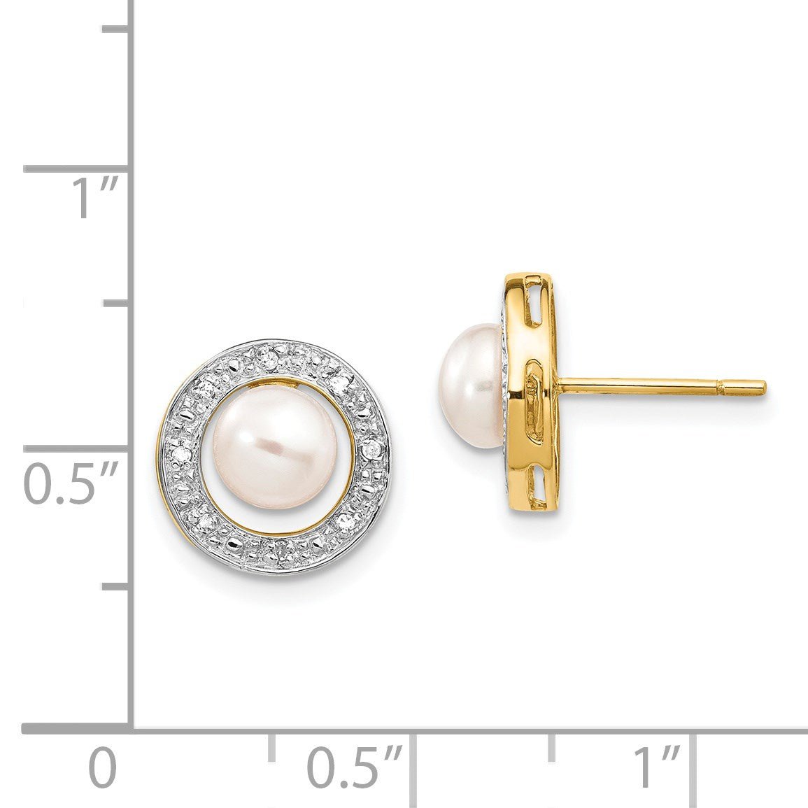 14k and White Rhodium 5-6mm White Button Freshwater Cultured Pearl and .05 carat Diamond Post Earrings