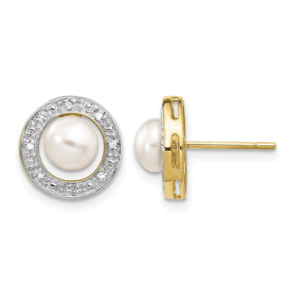 14k and White Rhodium 5-6mm White Button Freshwater Cultured Pearl and .05 carat Diamond Post Earrings