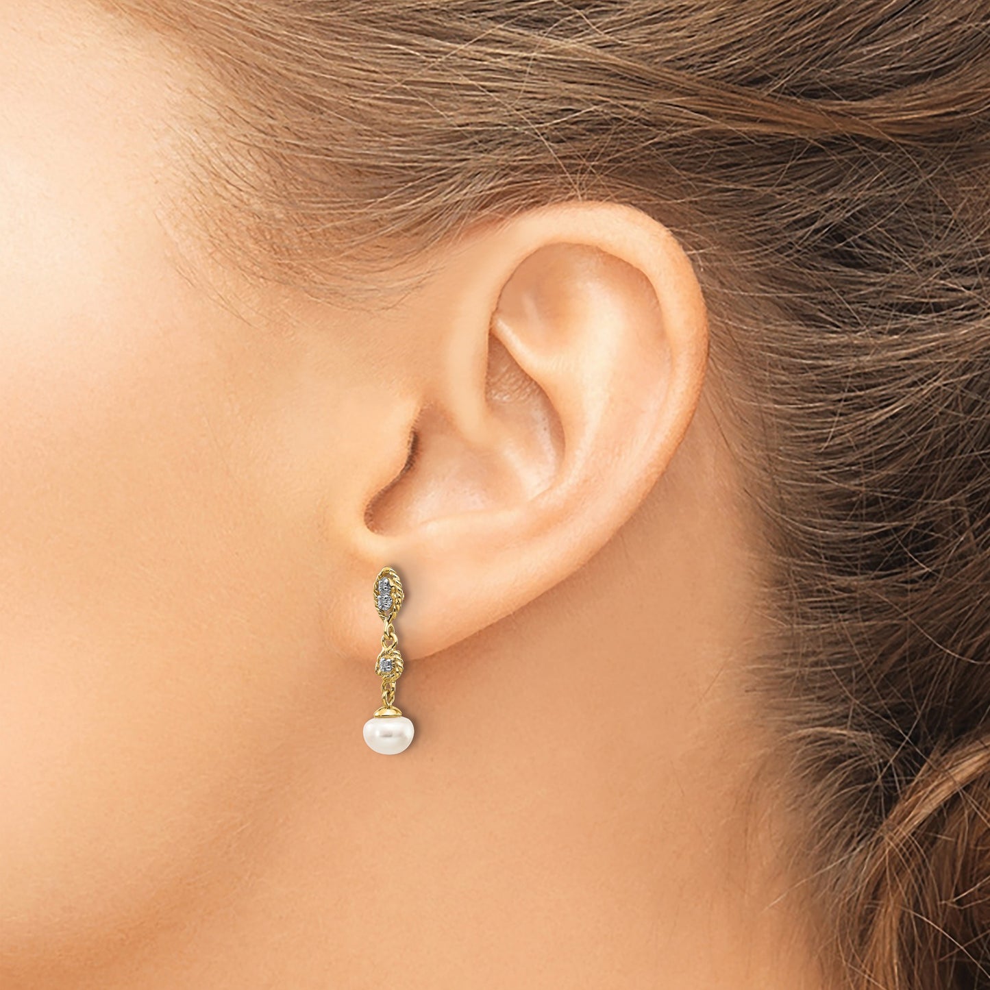 14k and White Rhodium 6-7mm Semi-round White Freshwater Cultured Pearl and .02 carat Diamond Dangle Post Earrings