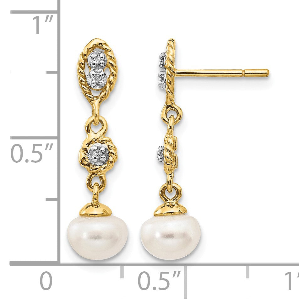 14k and White Rhodium 6-7mm Semi-round White Freshwater Cultured Pearl and .02 carat Diamond Dangle Post Earrings