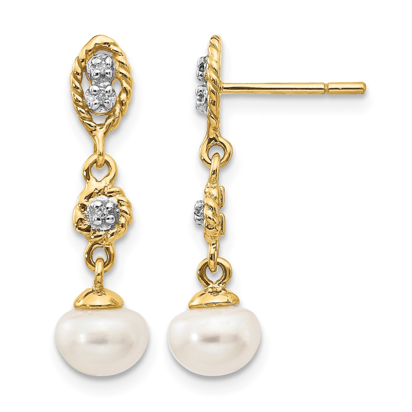 14k and White Rhodium 6-7mm Semi-round White Freshwater Cultured Pearl and .02 carat Diamond Dangle Post Earrings
