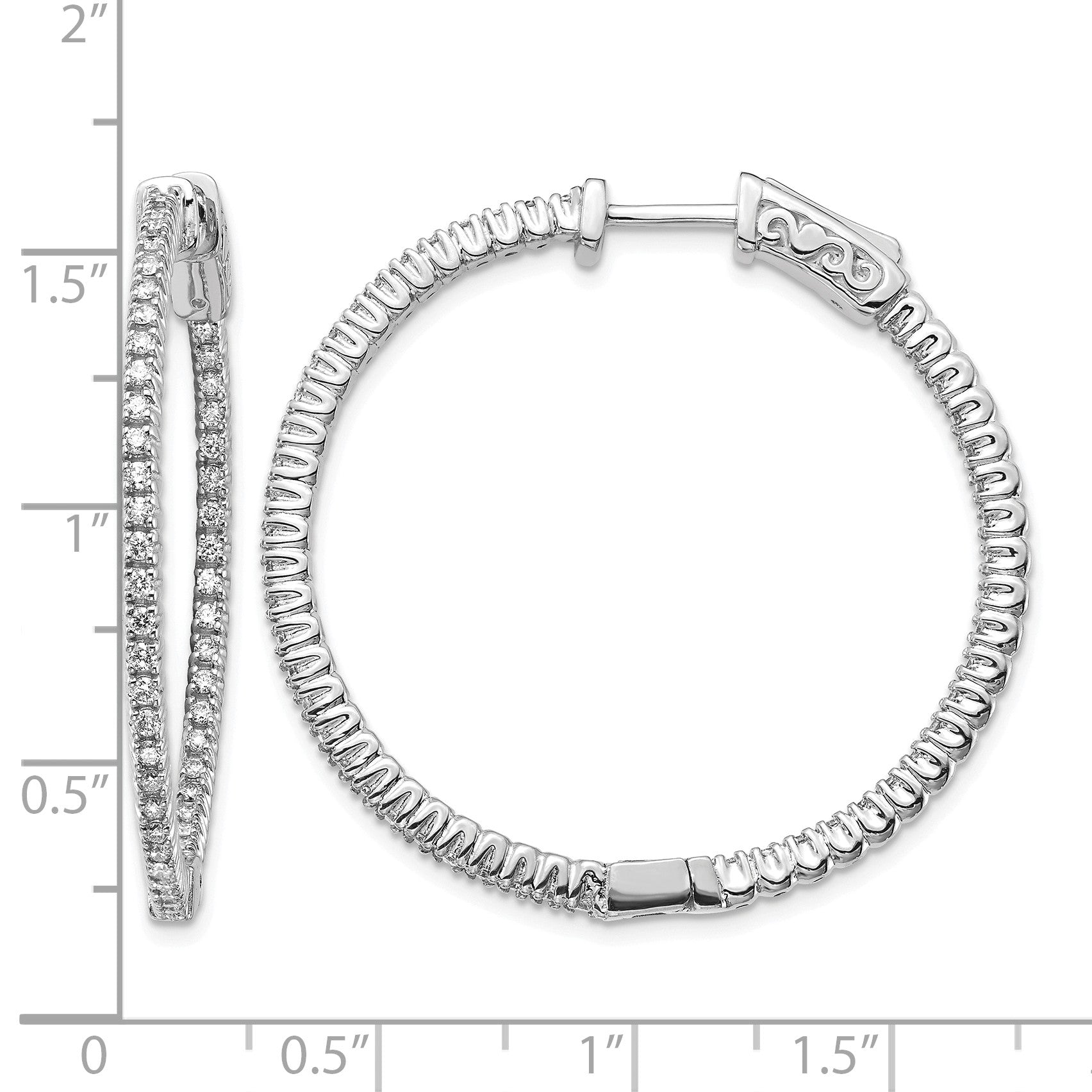 14k White Gold 3/4 carat Diamond Round In/Out Hoop w/Safety Clasp Earrings