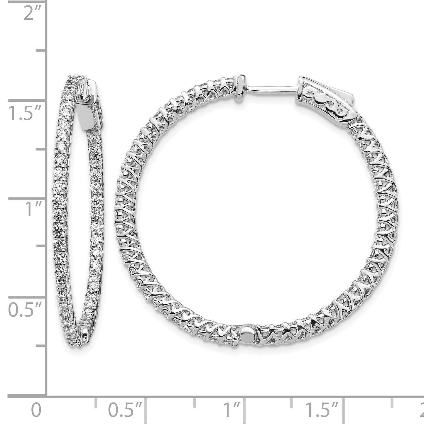 14k White Gold 2.1 carat Diamond Round In/Out Hoop w/Safety Clasp Earrings