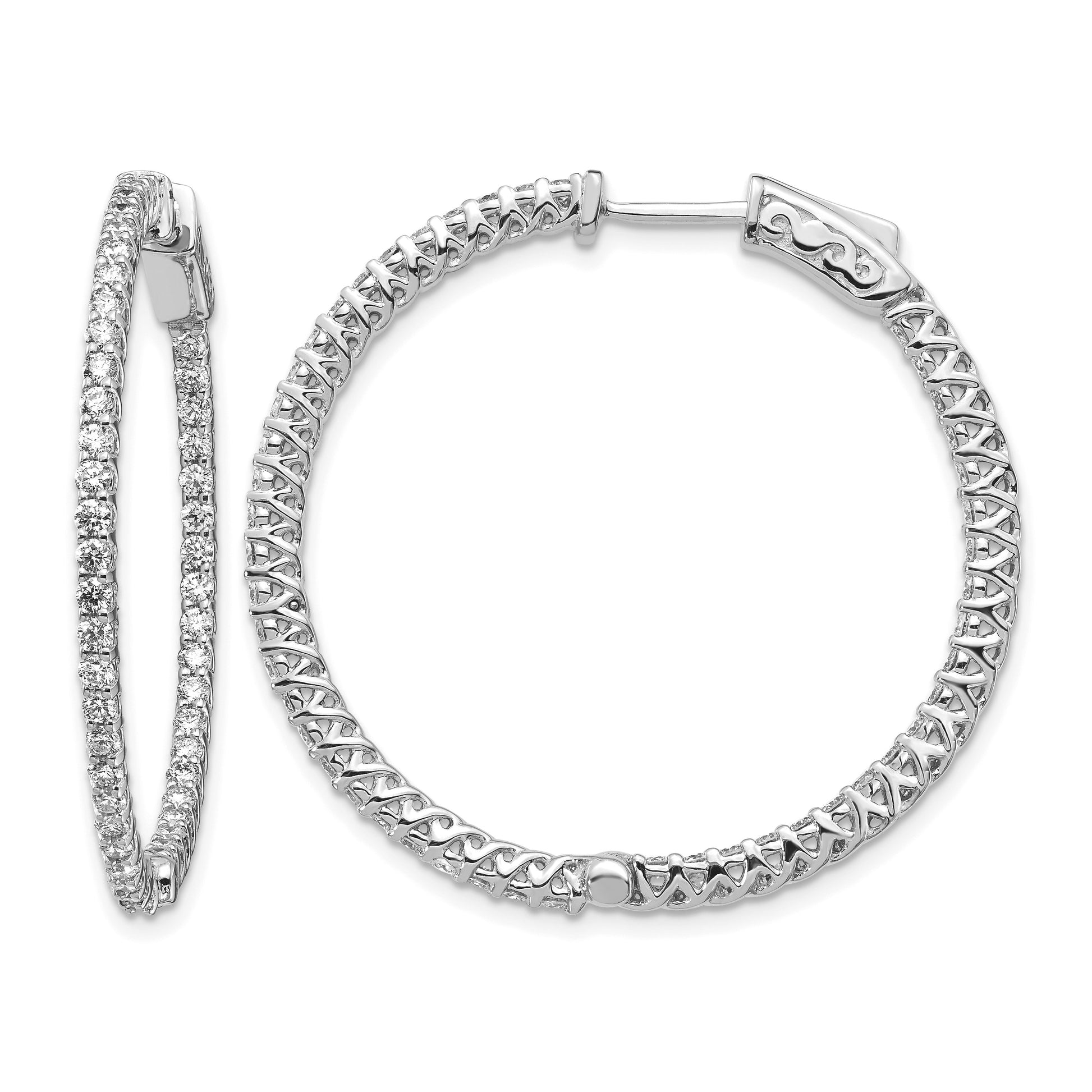 14k White Gold 2.1 carat Diamond Round In/Out Hoop w/Safety Clasp Earrings