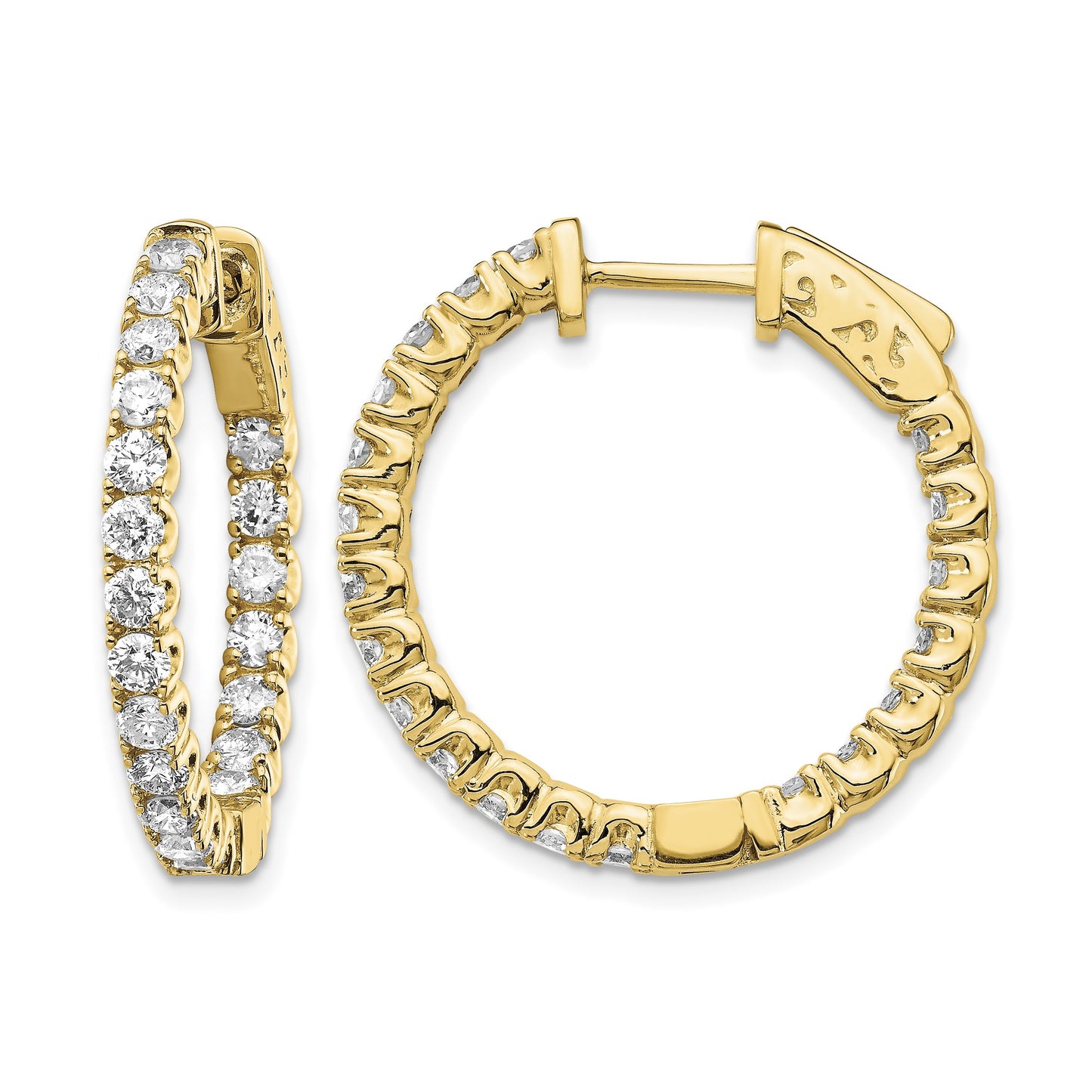 14k 2 carat Diamond Round In/Out Hoop w/Safety Clasp Earrings