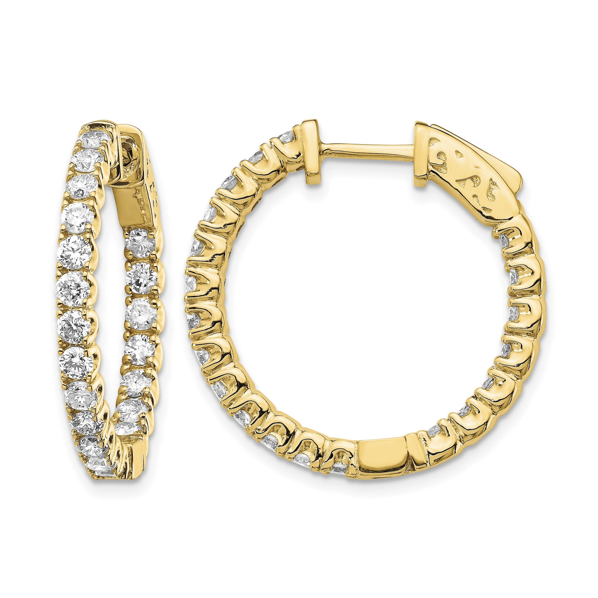 14k 2 carat Diamond Round In/Out Hoop w/Safety Clasp Earrings