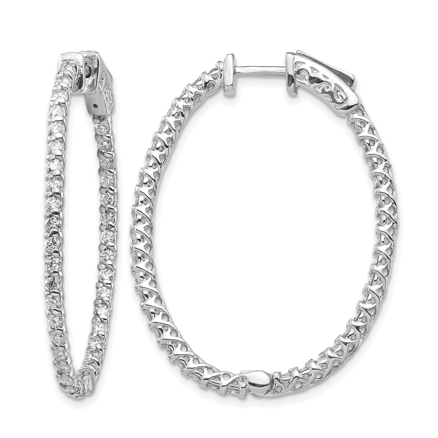 14k White Gold (Holds 88-1.7mm Round) Oval In/Out Hoop w/Safety Clasp Earring Mountings