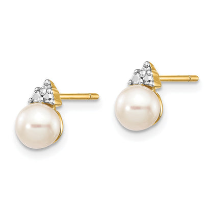 14k 5-6mm White Round Freshwater Cultured Pearl and .01 carat Diamond Post Earrings
