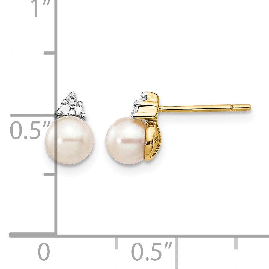 14k 5-6mm White Round Freshwater Cultured Pearl and .01 carat Diamond Post Earrings