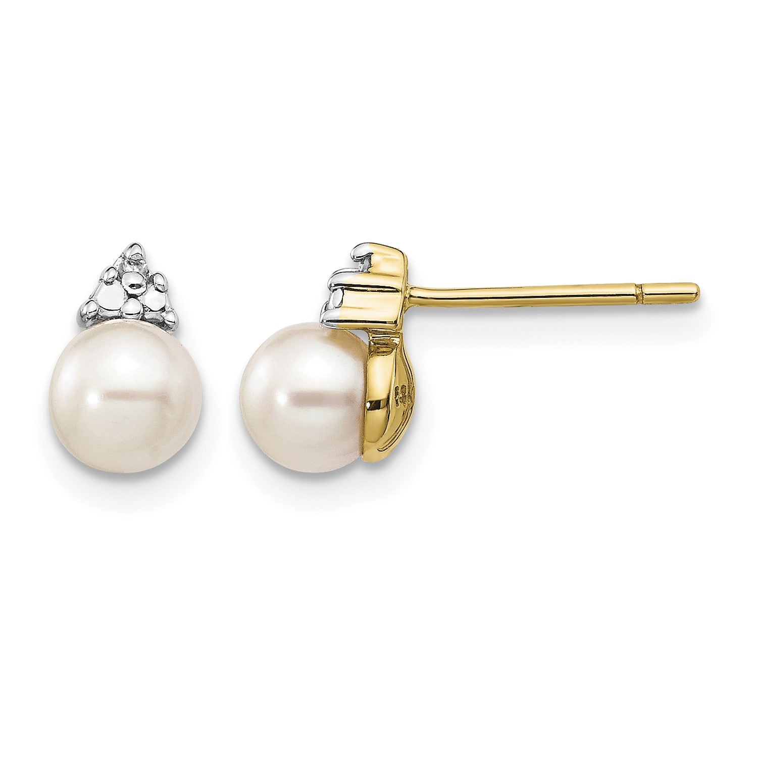 14k 5-6mm White Round Freshwater Cultured Pearl and .01 carat Diamond Post Earrings