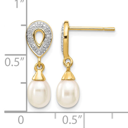 14k 7x5mm White Teardrop Freshwater Cultured Pearl and .01 carat Diamond Dangle Post Earrings