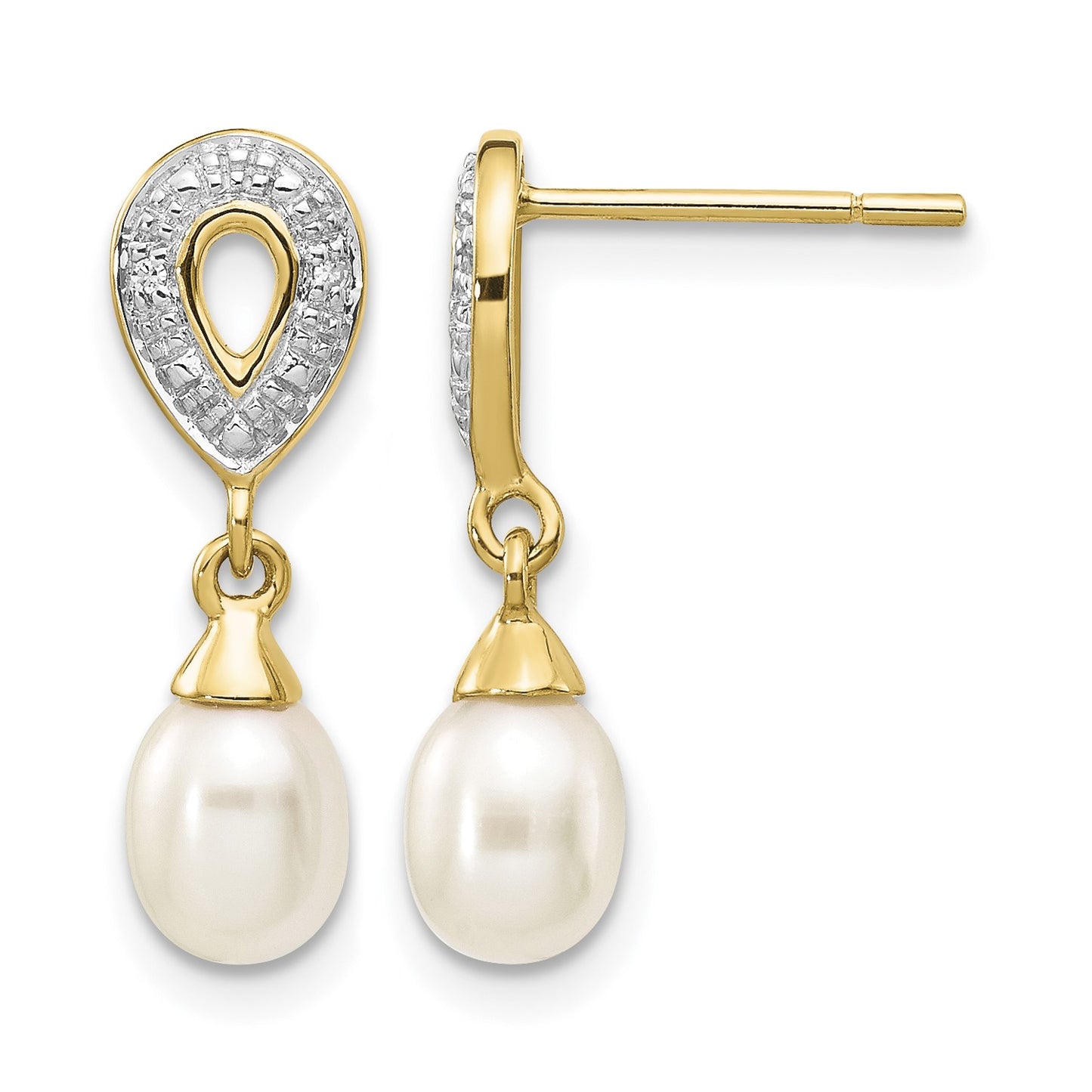 14k 7x5mm White Teardrop Freshwater Cultured Pearl and .01 carat Diamond Dangle Post Earrings