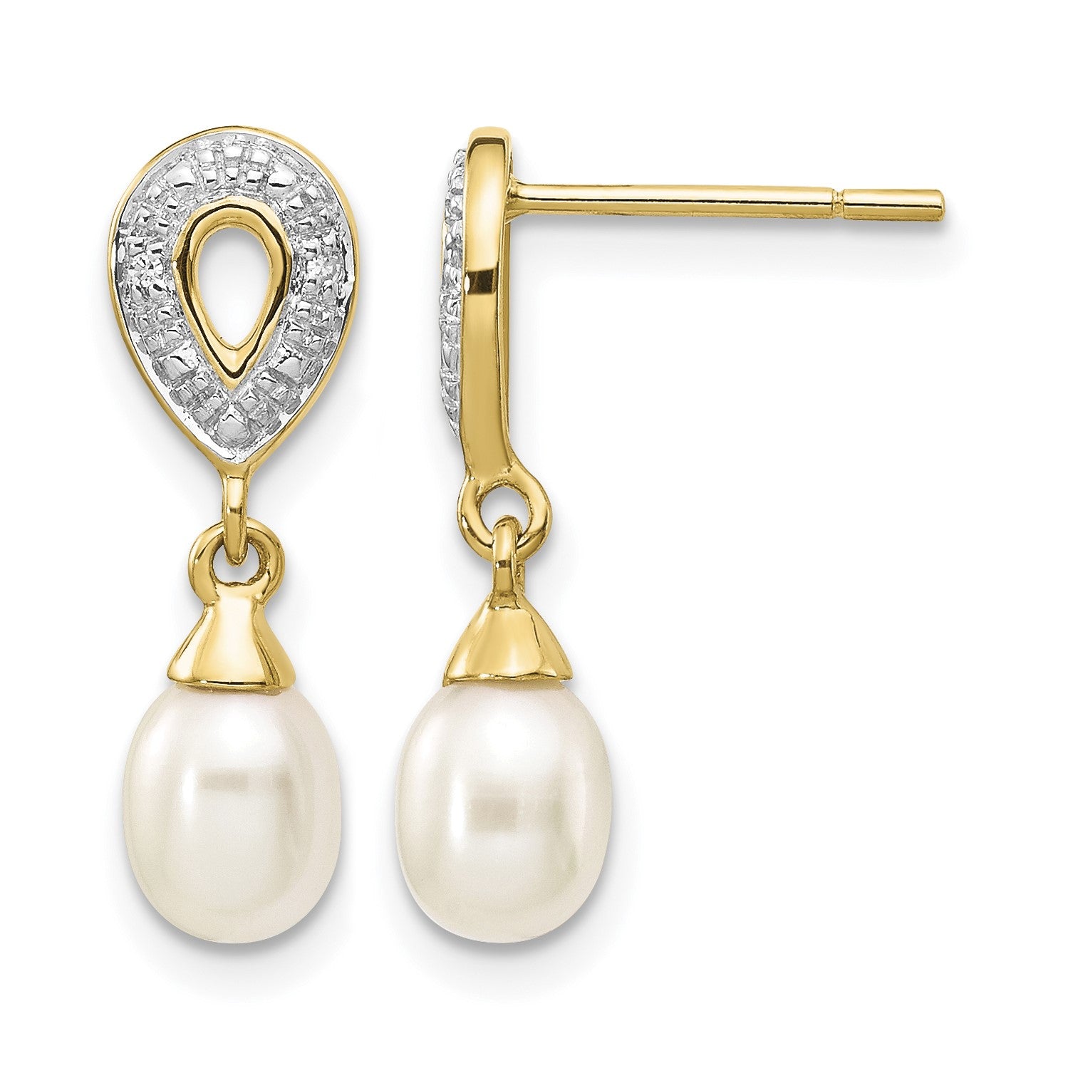 14k 7x5mm White Teardrop Freshwater Cultured Pearl and .01 carat Diamond Dangle Post Earrings