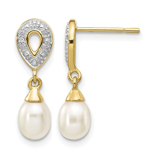 14k 7x5mm White Teardrop Freshwater Cultured Pearl and .01 carat Diamond Dangle Post Earrings