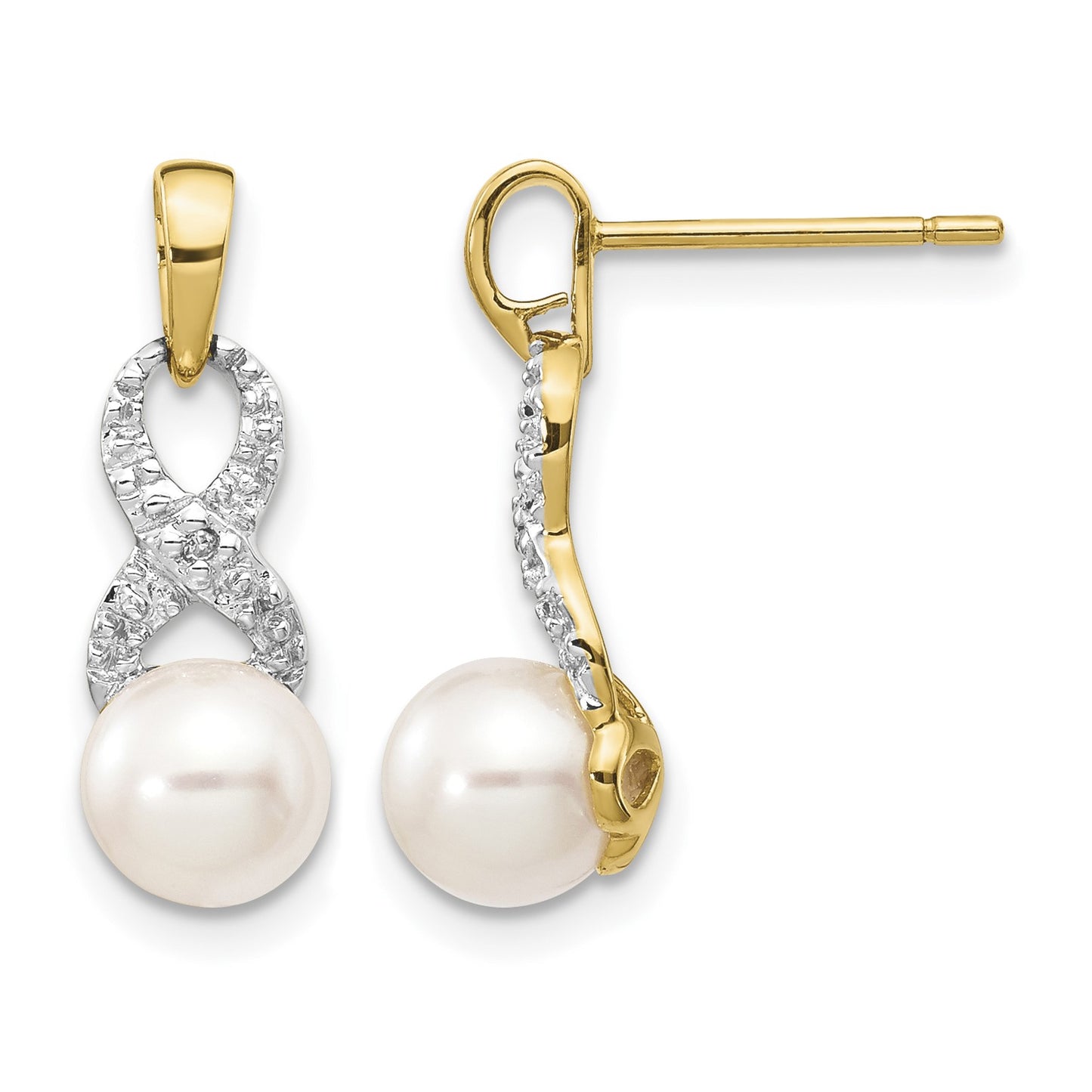 14k 6-7mm White Round Freshwater Cultured Pearl and .01 carat Diamond Ribbon Dangle Post Earrings