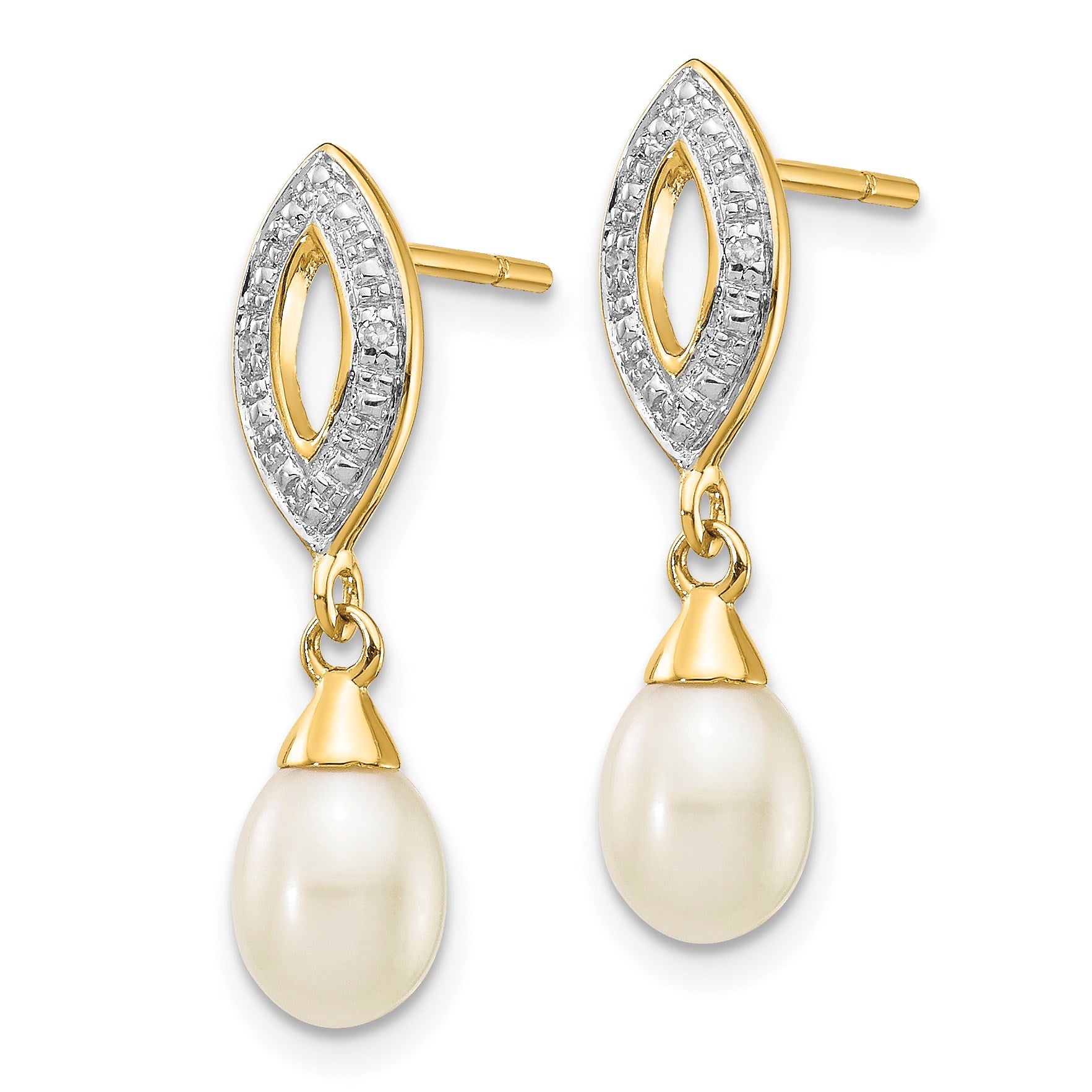 14k 7x5mm White Teardrop Freshwater Cultured Pearl and .01 carat Diamond Dangle Post Earrings