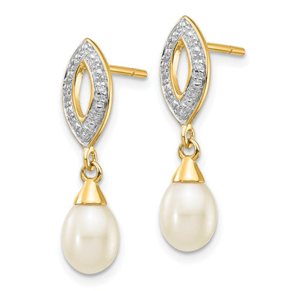14k 7x5mm White Teardrop Freshwater Cultured Pearl and .01 carat Diamond Dangle Post Earrings