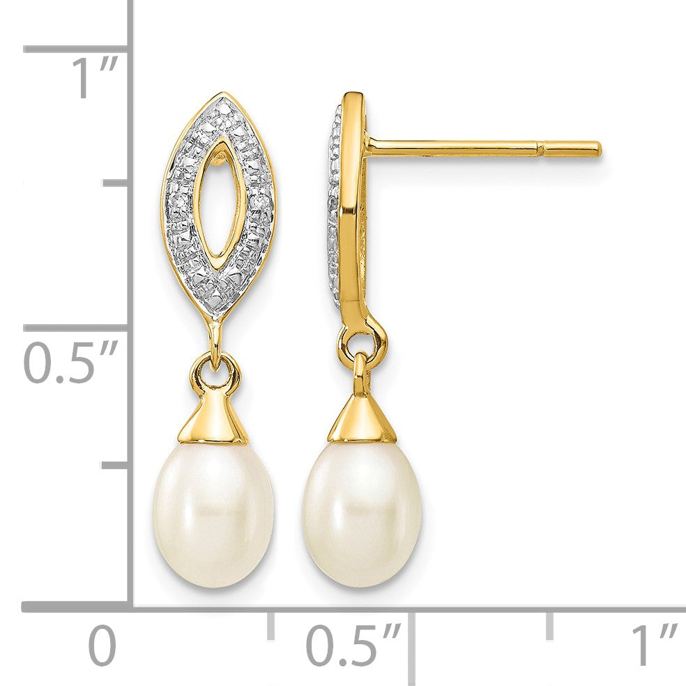 14k 7x5mm White Teardrop Freshwater Cultured Pearl and .01 carat Diamond Dangle Post Earrings