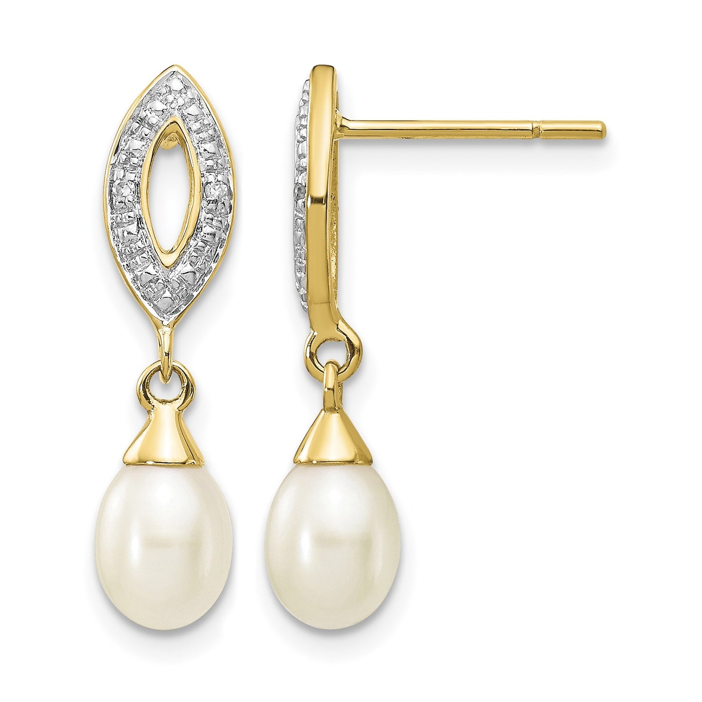 14k 7x5mm White Teardrop Freshwater Cultured Pearl and .01 carat Diamond Dangle Post Earrings
