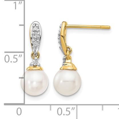 14k 6-7mm White Round Freshwater Cultured Pearl and .08 carat Diamond Dangle Post Earrings