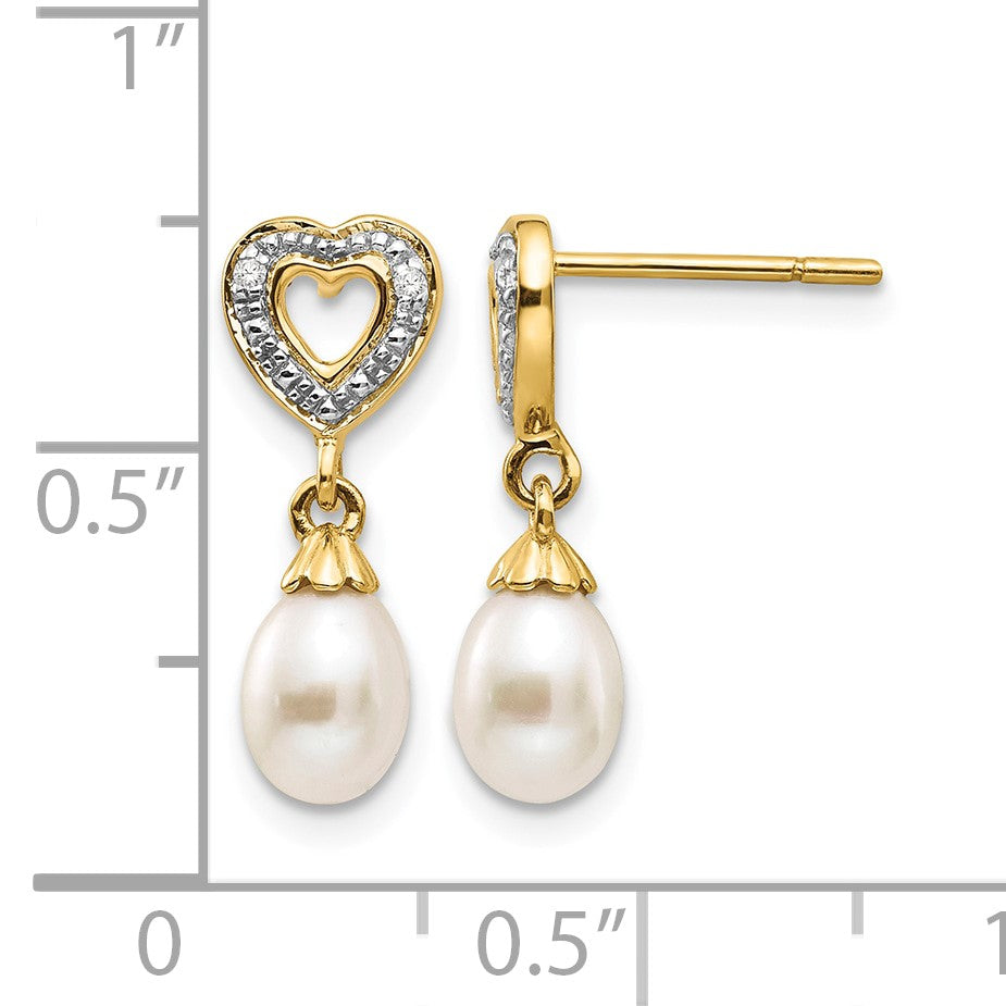 14k 7x5mm White Teardrop Freshwater Cultured Pearl and .01 carat Diamond Heart Dangle Post Earrings