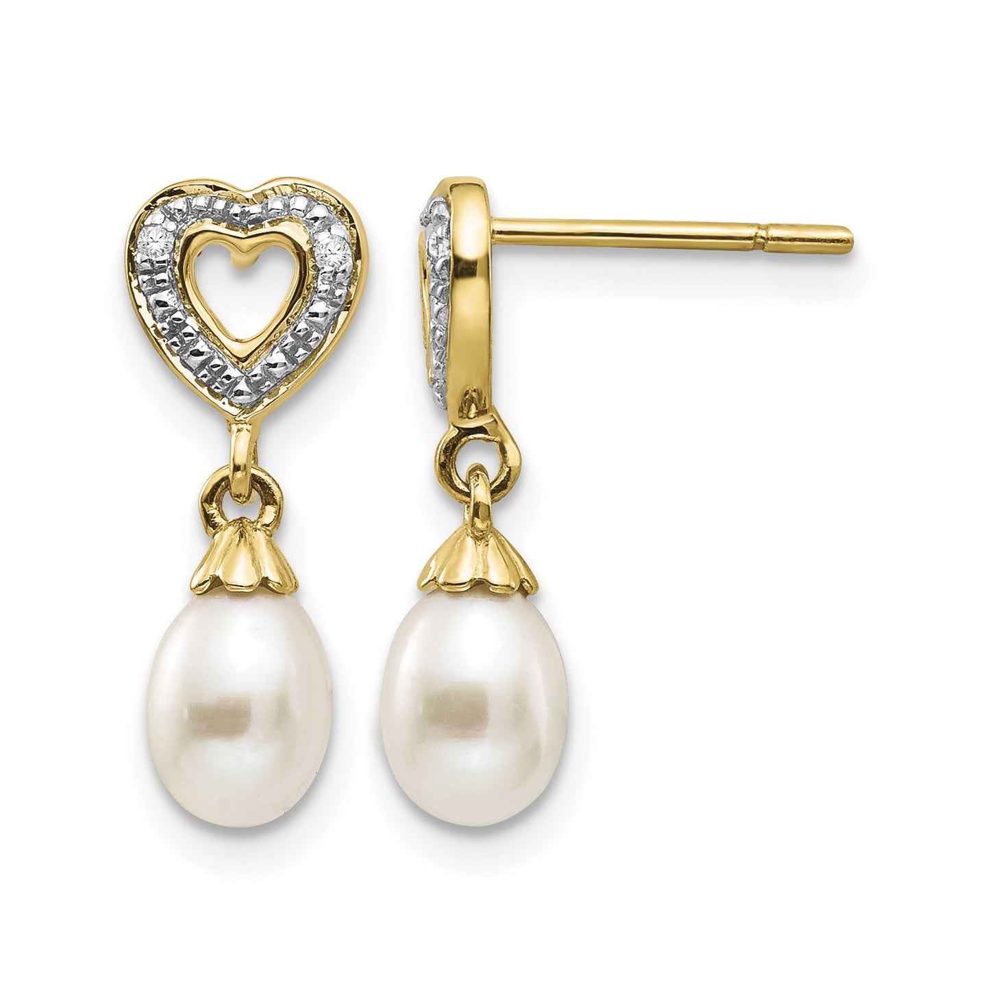 14k 7x5mm White Teardrop Freshwater Cultured Pearl and .01 carat Diamond Heart Dangle Post Earrings