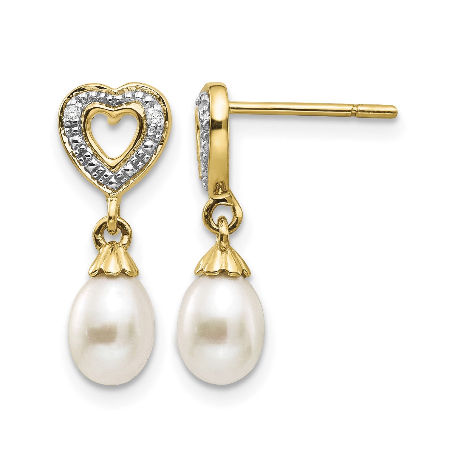 14k 7x5mm White Teardrop Freshwater Cultured Pearl and .01 carat Diamond Heart Dangle Post Earrings