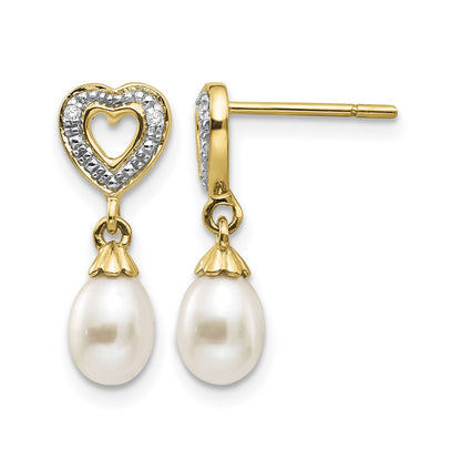 14k 7x5mm White Teardrop Freshwater Cultured Pearl and .01 carat Diamond Heart Dangle Post Earrings