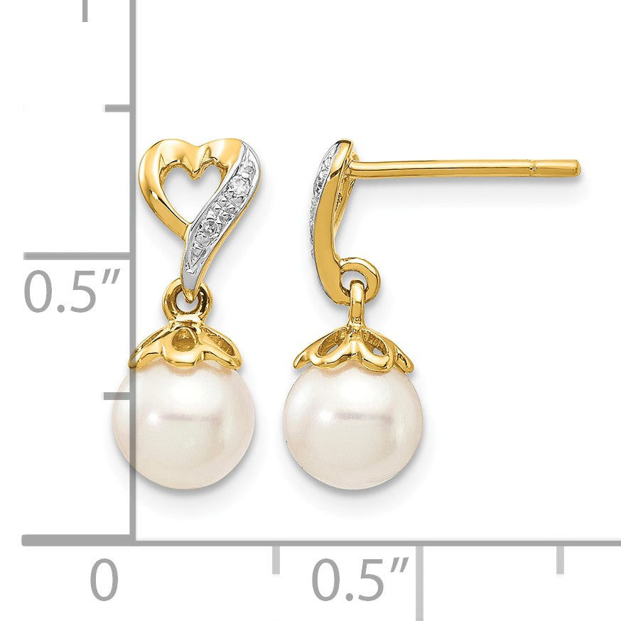 14k 6-7mm White Round Freshwater Cultured Pearl and .01 carat Diamond Heart Dangle Post Earrings