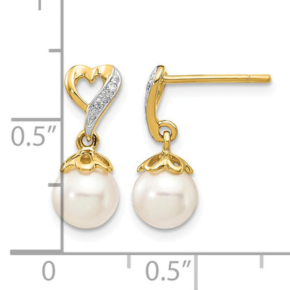 14k 6-7mm White Round Freshwater Cultured Pearl and .01 carat Diamond Heart Dangle Post Earrings